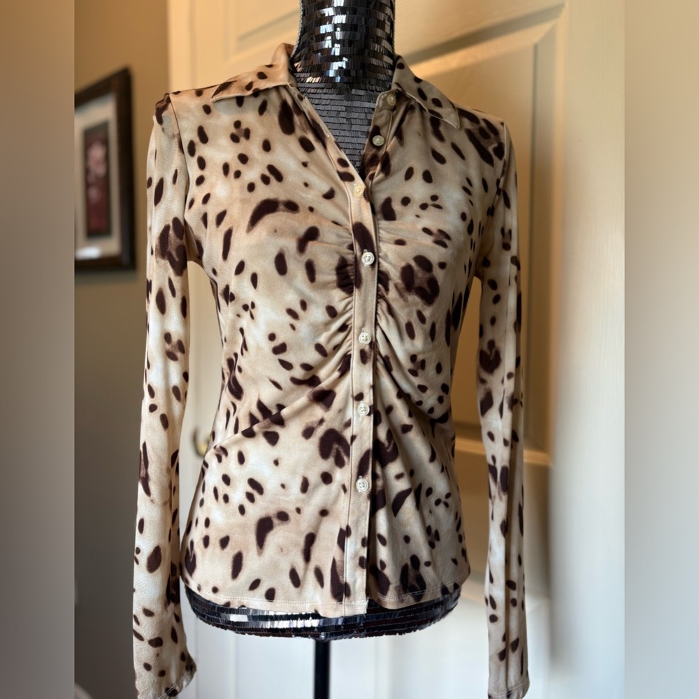 INC International Concepts Animal Print Brown & Cream Button-Down Shirt